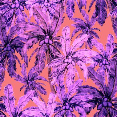 Modern tarzda palmiyeleri olan dikişsiz suluboya desen. Suluboya botanik tasarımı. Tropik renk baskısı. Egzotik tropik palmiye ağacı. Egzotik orman duvar kağıdı. Her amaç için harika bir tasarım.