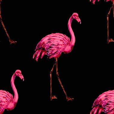 Dekorasyon tasarımı için flamingo ile harika bir suluboya deseni. Suluboya hayvani bir geçmişi var. Suluboya çizimi. Tropik illüstrasyon. Vahşi yaşamın kusursuz bir düzeni var.
