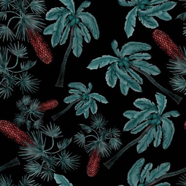 Modern tarzda palmiyeleri olan dikişsiz suluboya desen. Suluboya botanik tasarımı. Tropik renk baskısı. Egzotik tropik palmiye ağacı. Egzotik orman duvar kağıdı. Her amaç için harika bir tasarım.