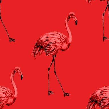 Dekorasyon tasarımı için flamingo ile harika bir suluboya deseni. Suluboya hayvani bir geçmişi var. Suluboya çizimi. Tropik illüstrasyon. Vahşi yaşamın kusursuz bir düzeni var.