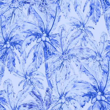 Modern tarzda palmiyeleri olan dikişsiz suluboya desen. Suluboya botanik tasarımı. Tropik renk baskısı. Egzotik tropik palmiye ağacı. Egzotik orman duvar kağıdı. Her amaç için harika bir tasarım.