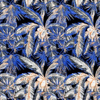 Modern tarzda palmiyeleri olan dikişsiz suluboya desen. Suluboya botanik tasarımı. Tropik renk baskısı. Egzotik tropik palmiye ağacı. Egzotik orman duvar kağıdı. Her amaç için harika bir tasarım.