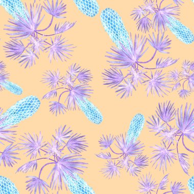 Modern tarzda palmiyeleri olan dikişsiz suluboya desen. Suluboya botanik tasarımı. Tropik renk baskısı. Egzotik tropik palmiye ağacı. Egzotik orman duvar kağıdı. Her amaç için harika bir tasarım.