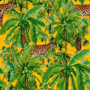 Yağmur ormanlarında leopar desenli suluboya. Avuç içi ormanları, yapraklar. Leopar kusursuz bir altyapısı var. Tropikal arka plan. Egzotik, hayvani, kusursuz desen. Moda tarzı yaz baskısı.