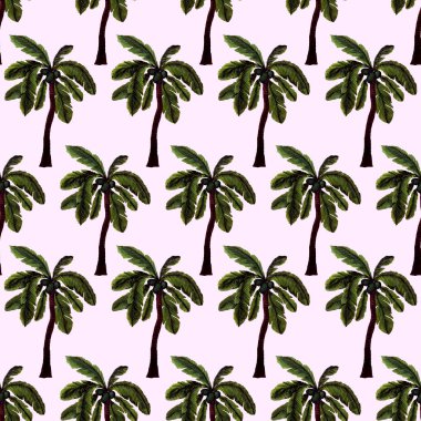 Modern tarzda palmiyeleri olan dikişsiz suluboya desen. Suluboya botanik tasarımı. Tropik renk baskısı. Egzotik tropik palmiye ağacı. Egzotik orman duvar kağıdı. Her amaç için harika bir tasarım.