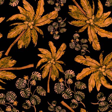 Modern tarzda palmiyeleri olan dikişsiz suluboya desen. Suluboya botanik tasarımı. Tropik renk baskısı. Egzotik tropik palmiye ağacı. Egzotik orman duvar kağıdı. Her amaç için harika bir tasarım.