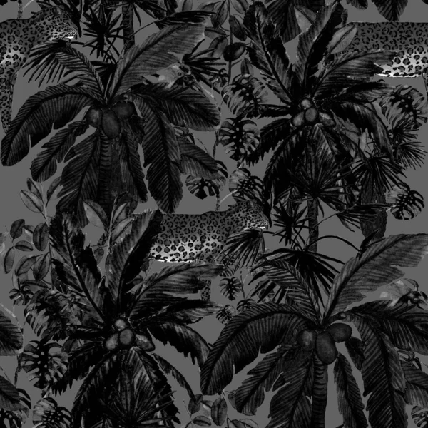 Patrón Sin Costuras Acuarela Con Leopardo Selva Tropical Palmeras Selva —  Fotos de Stock