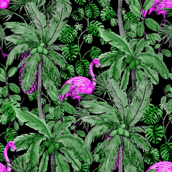 Рисунок Печати Акварельными Фламинго Пальмами Акварель Тропическая Иллюстрация Бесшовный Узор — стоковое фото