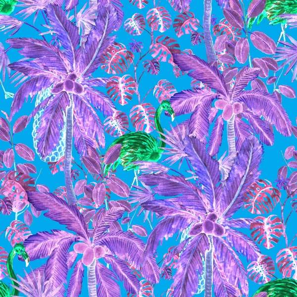 Modello Tropicale Senza Cuciture Con Fenicottero Acquerello Palme Illustrazione Acquerello — Foto Stock