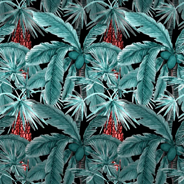 具有现代风格的掌心的水色无缝图案 水彩画的植物设计 热带彩色照片奇异的热带棕榈树 奇异的丛林壁纸 任何目的的伟大设计 — 图库照片