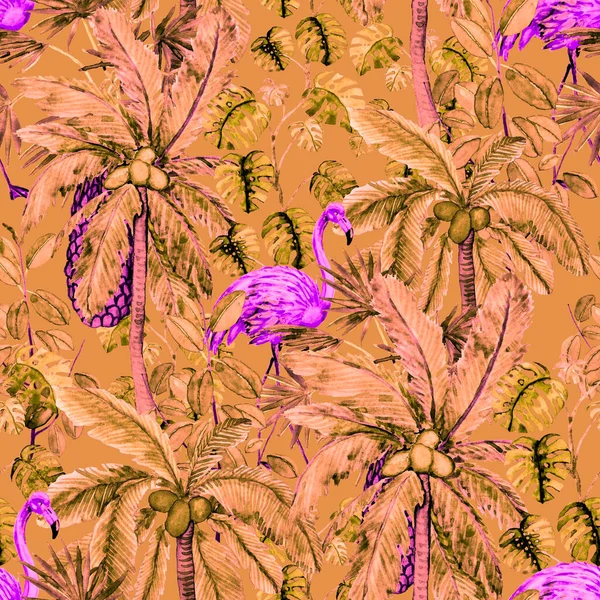 热带无缝图案与水彩画火烈鸟和掌心 水彩画 热带插图 野生动植物无缝模式 — 图库照片