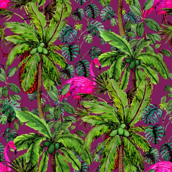 水彩フラミンゴとヤシの熱帯シームレスパターン 水彩イラスト 熱帯イラスト 野生生物のシームレスパターン — ストック写真