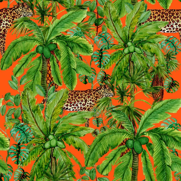 Akvarel Bezešvný Vzor Leopardím Lesem Deštném Pralese Dlaně Džungle Listí — Stock fotografie
