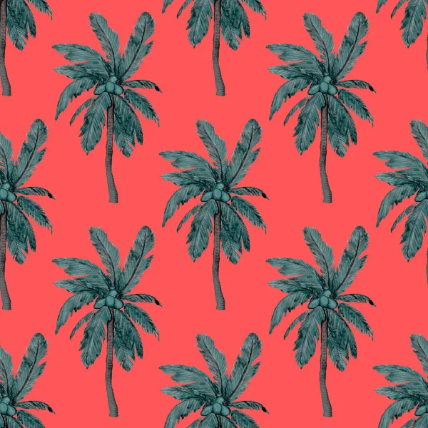 Watercolor seamless pattern with palms in modern style. Watercolor botanical design. Tropical color print. Exotic tropical palm tree. Exotic jungle wallpaper. Great design for any purposes.
