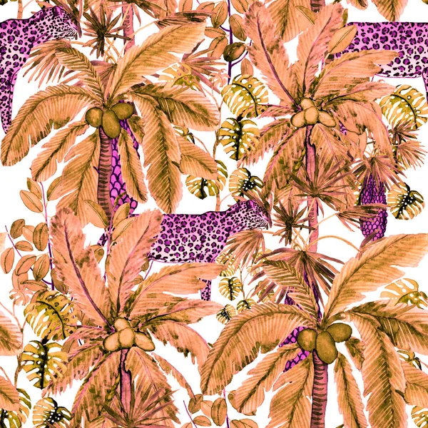 Watercolor seamless pattern with leopard in rainforest. Jungle palms, leaves. Leopard seamless background. Tropical background. Exotic animalistic seamless pattern. Fashion style summer print.
