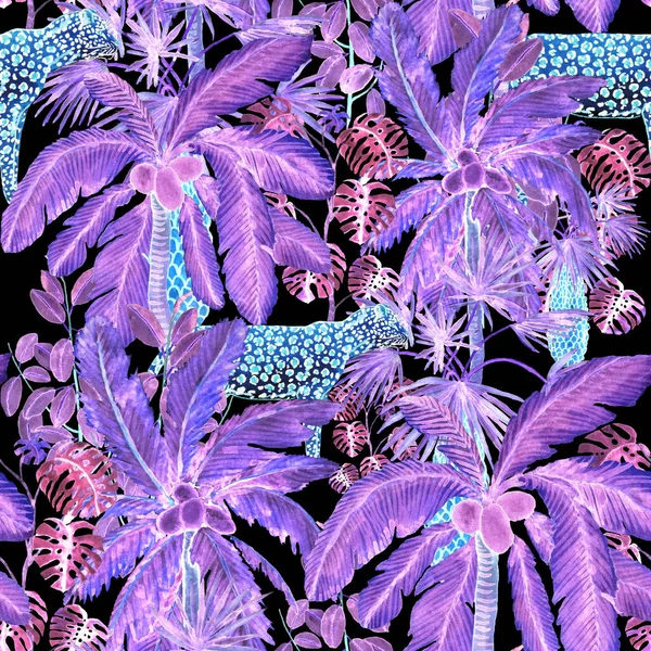 Watercolor Seamless Pattern Leopard Rainforest Jungle Palms Leaves Leopard Seamless — Stock Photo, Image