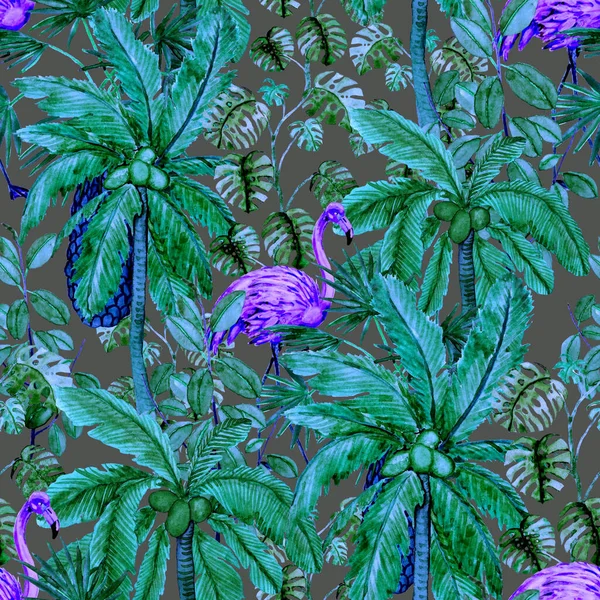 Modello Tropicale Senza Cuciture Con Fenicottero Acquerello Palme Illustrazione Acquerello — Foto Stock