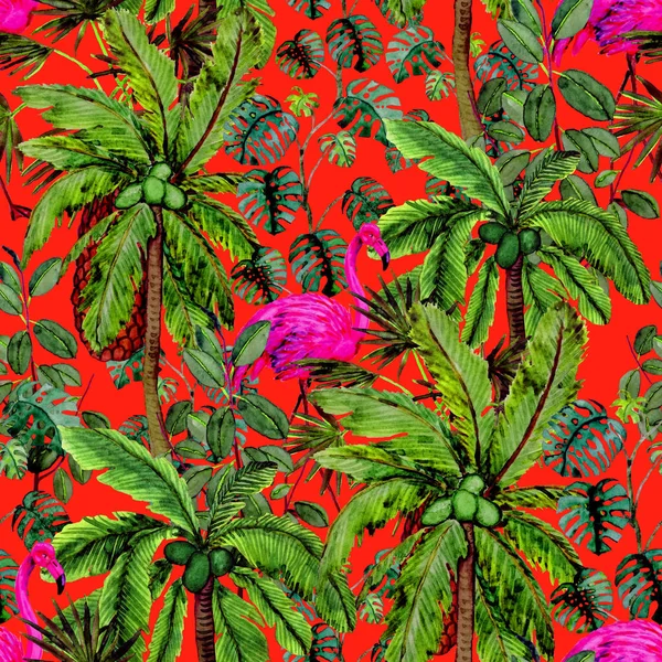 Tropikalny Bezszwowy Wzór Akwarelowym Flamingiem Palmami Ilustracja Akwareli Tropikalna Ilustracja — Zdjęcie stockowe