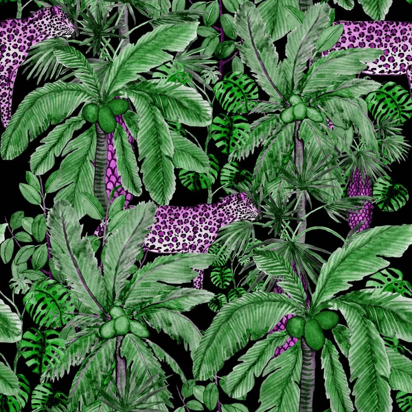 熱帯雨林でヒョウと水彩シームレスパターン ジャングルのヤシの葉 ヒョウのシームレスな背景 熱帯の背景 エキゾチックなアニマリズム的なシームレスなパターン ファッション夏 Print — ストック写真