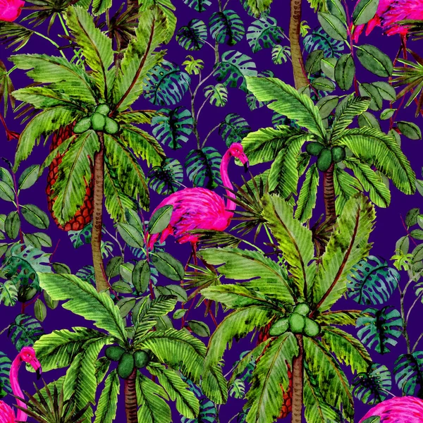 Tropikalny Bezszwowy Wzór Akwarelowym Flamingiem Palmami Ilustracja Akwareli Tropikalna Ilustracja — Zdjęcie stockowe