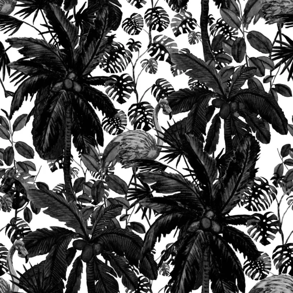 Тропічний Безшовний Візерунок Акварельним Фламінго Долонями Акварельна Ілюстрація Тропічна Ілюстрація — стокове фото