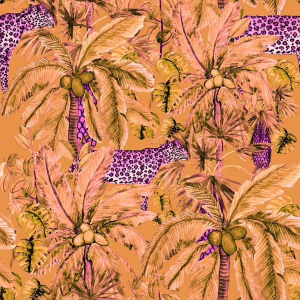 Watercolor seamless pattern with leopard in rainforest. Jungle palms, leaves. Leopard seamless background. Tropical background. Exotic animalistic seamless pattern. Fashion style summer print.