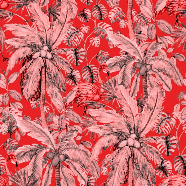 Tropisch Naadloos Patroon Met Aquarelflamingo Palmen Aquarelillustratie Tropische Illustratie Wildlife — Stockfoto