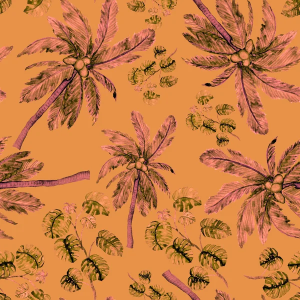 Modern Tarzda Palmiyeleri Olan Dikişsiz Suluboya Desen Suluboya Botanik Tasarımı — Stok fotoğraf