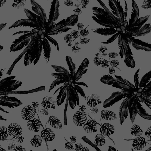 Watercolor seamless pattern with palms in modern style. Watercolor botanical design. Tropical color print. Exotic tropical palm tree. Exotic jungle wallpaper. Great design for any purposes.