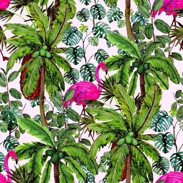 Tropical seamless pattern with watercolor flamingo and palms. Watercolor illustration. Tropical illustration. Wildlife seamless pattern.