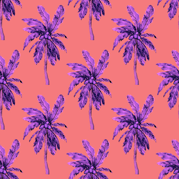 Watercolor seamless pattern with palms in modern style. Watercolor botanical design. Tropical color print. Exotic tropical palm tree. Exotic jungle wallpaper. Great design for any purposes.