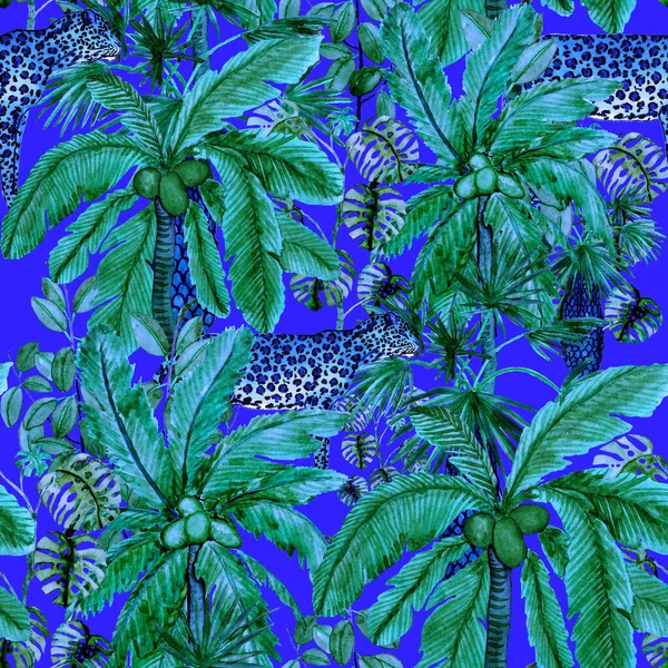 Watercolor Seamless Pattern Leopard Rainforest Jungle Palms Leaves Leopard Seamless — Stock Photo, Image