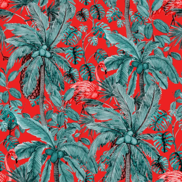 Motif Tropical Sans Couture Avec Aquarelle Flamant Rose Paumes Illustration — Photo