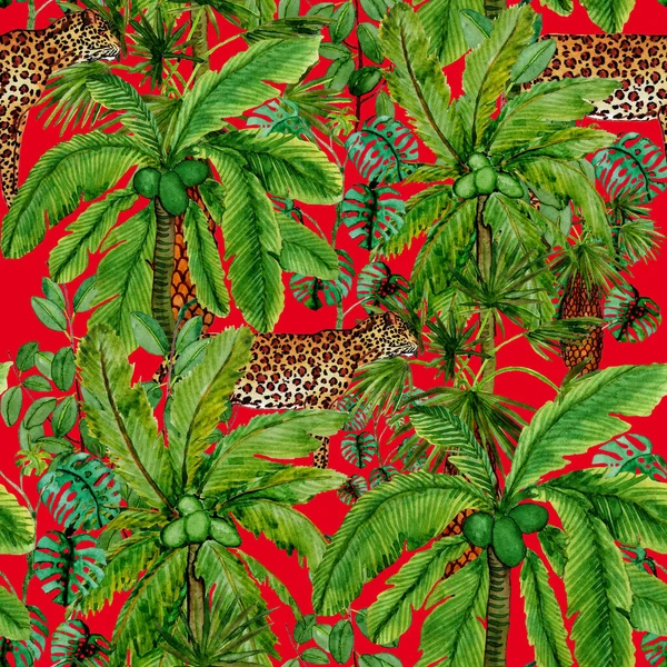 Watercolor seamless pattern with leopard in rainforest. Jungle palms, leaves. Leopard seamless background. Tropical background. Exotic animalistic seamless pattern. Fashion style summer print.