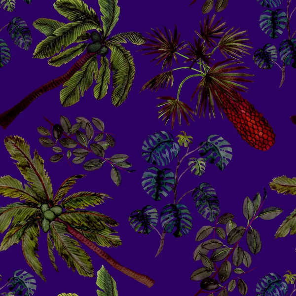 Akvarell Zökkenőmentes Minta Tenyérrel Modern Stílusban Akvarell Botanikai Tervezés Trópusi — Stock Fotó