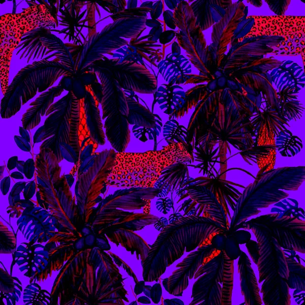 Akvarell Zökkenőmentes Minta Leopárd Esőerdőben Dzsungel Tenyerek Levelek Leopárd Zökkenőmentes — Stock Fotó
