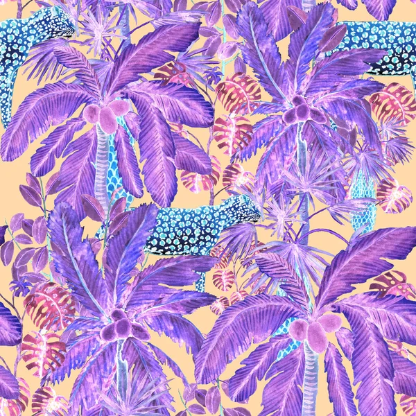 Watercolor Seamless Pattern Leopard Rainforest Jungle Palms Leaves Leopard Seamless — Stock Photo, Image