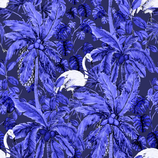 Padrão Sem Costura Tropical Com Flamingo Aquarela Palmas Ilustração Aquarela — Fotografia de Stock