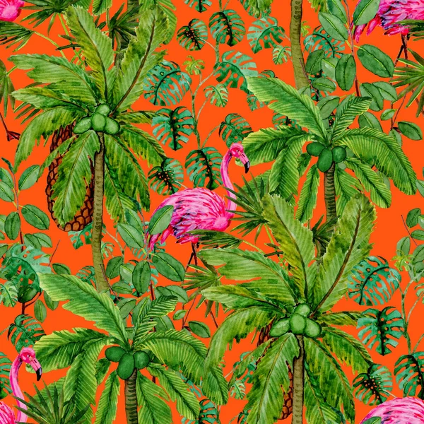 Motif Tropical Sans Couture Avec Aquarelle Flamant Rose Paumes Illustration — Photo