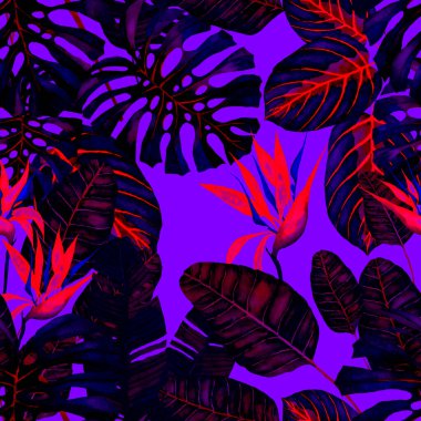 Tekstil tasarımı için suluboya tropikal yaprakları ve çiçekleri olan modern, soyut, dikişsiz desen. Geçmişe dönük parlak yaz geçmişi. Orman yaprakları çizimi. Mayo botanik tasarımı. Antika egzotik baskı.