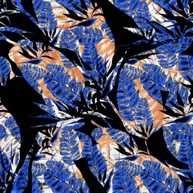 Tekstil tasarımı için suluboya tropikal yaprakları ve çiçekleri olan modern, soyut, dikişsiz desen. Geçmişe dönük parlak yaz geçmişi. Orman yaprakları çizimi. Mayo botanik tasarımı. Antika egzotik baskı.