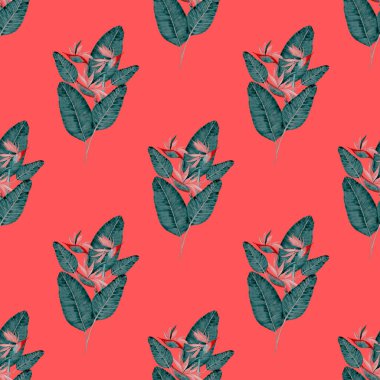 Tekstil tasarımı için suluboya tropikal yaprakları ve çiçekleri olan modern, soyut, dikişsiz desen. Geçmişe dönük parlak yaz geçmişi. Orman yaprakları çizimi. Mayo botanik tasarımı. Antika egzotik baskı.