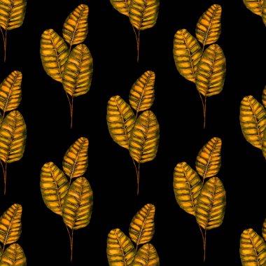 Tekstil tasarımı için suluboya tropikal yaprakları ve çiçekleri olan modern, soyut, dikişsiz desen. Geçmişe dönük parlak yaz geçmişi. Orman yaprakları çizimi. Mayo botanik tasarımı. Antika egzotik baskı.