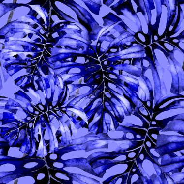 Tekstil tasarımı için suluboya tropikal yaprakları ve çiçekleri olan modern, soyut, dikişsiz desen. Geçmişe dönük parlak yaz geçmişi. Orman yaprakları çizimi. Mayo botanik tasarımı. Antika egzotik baskı.