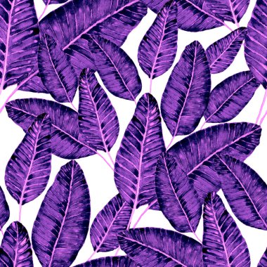 Tekstil tasarımı için suluboya tropikal yaprakları ve çiçekleri olan modern, soyut, dikişsiz desen. Geçmişe dönük parlak yaz geçmişi. Orman yaprakları çizimi. Mayo botanik tasarımı. Antika egzotik baskı.