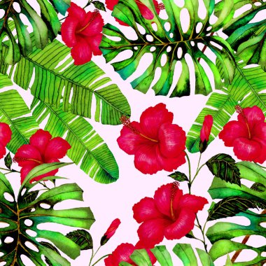 Tekstil tasarımı için suluboya tropikal yaprakları ve çiçekleri olan modern, soyut, dikişsiz desen. Geçmişe dönük parlak yaz geçmişi. Orman yaprakları çizimi. Mayo botanik tasarımı. Antika egzotik baskı.