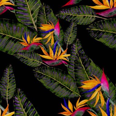 Tekstil tasarımı için suluboya tropikal yaprakları ve çiçekleri olan modern, soyut, dikişsiz desen. Geçmişe dönük parlak yaz geçmişi. Orman yaprakları çizimi. Mayo botanik tasarımı. Antika egzotik baskı.
