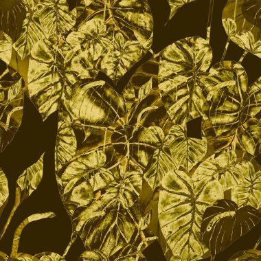 Tekstil tasarımı için suluboya tropikal yaprakları ve çiçekleri olan modern, soyut, dikişsiz desen. Geçmişe dönük parlak yaz geçmişi. Orman yaprakları çizimi. Mayo botanik tasarımı. Antika egzotik baskı.