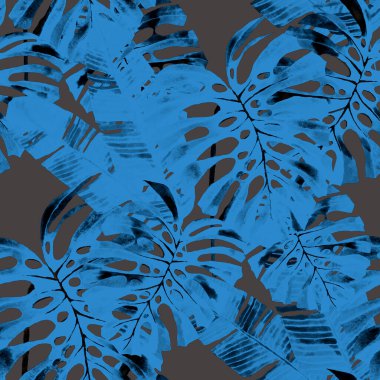 Tekstil tasarımı için suluboya tropikal yaprakları ve çiçekleri olan modern, soyut, dikişsiz desen. Geçmişe dönük parlak yaz geçmişi. Orman yaprakları çizimi. Mayo botanik tasarımı. Antika egzotik baskı.