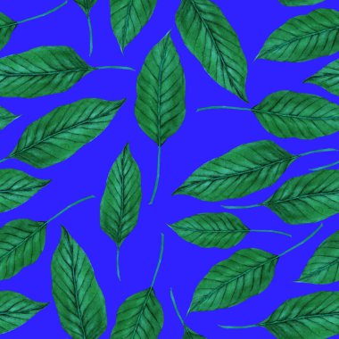 Tekstil tasarımı için suluboya tropikal yaprakları ve çiçekleri olan modern, soyut, dikişsiz desen. Geçmişe dönük parlak yaz geçmişi. Orman yaprakları çizimi. Mayo botanik tasarımı. Antika egzotik baskı.